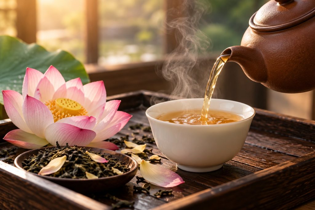 Rót trà sen từ ấm đất ra chén sứ