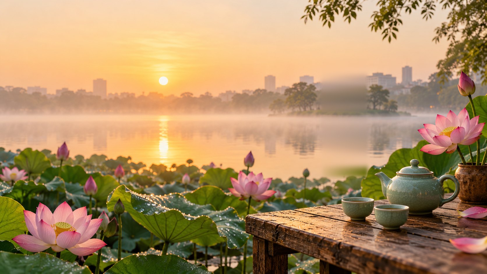 Đầm sen hồ Tây buổi sớm và ấm trà sen trên bàn gỗ