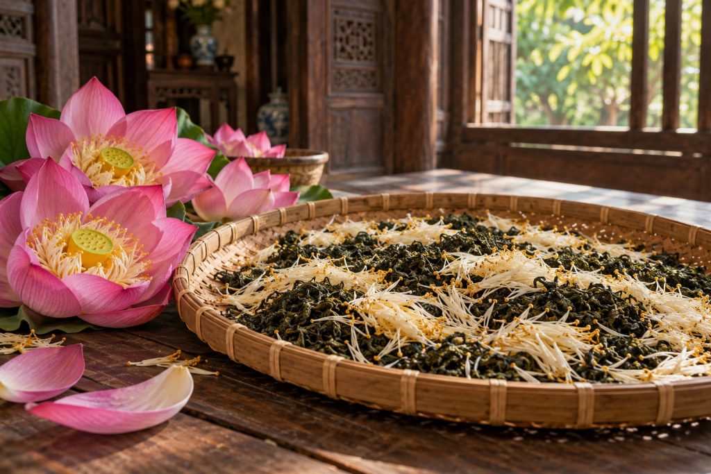 Trà xanh ướp cùng gạo sen trên nong tre