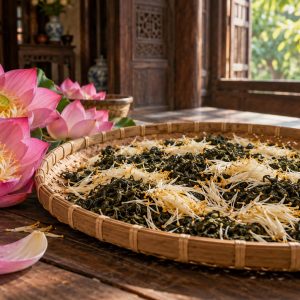 Trà xanh ướp cùng gạo sen trên nong tre